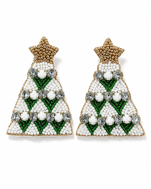 Green beaded Christmas tree statement earrings with gold star tops on a white background