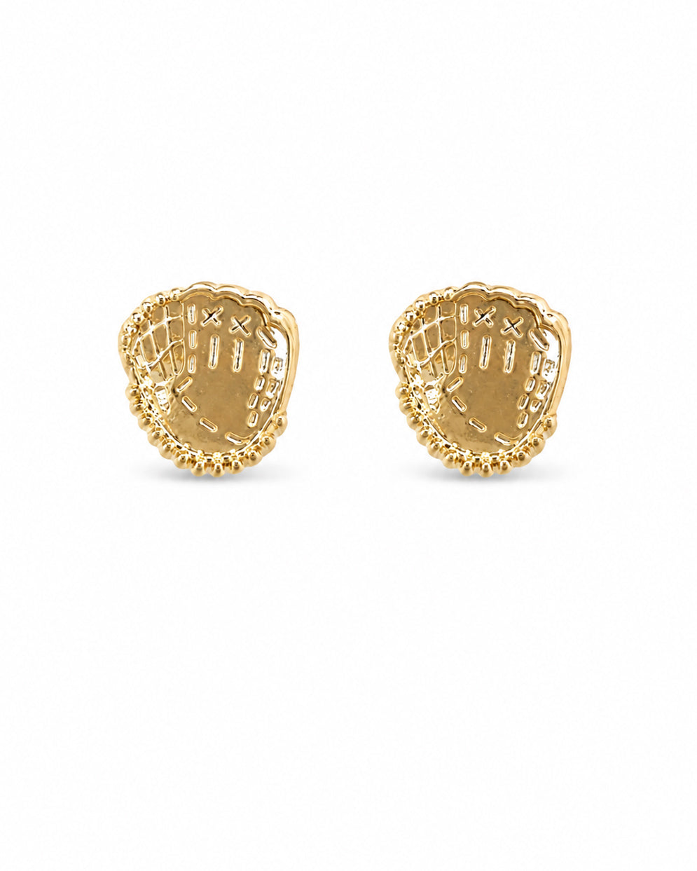 Gold baseball glove stud earrings on a white background.
