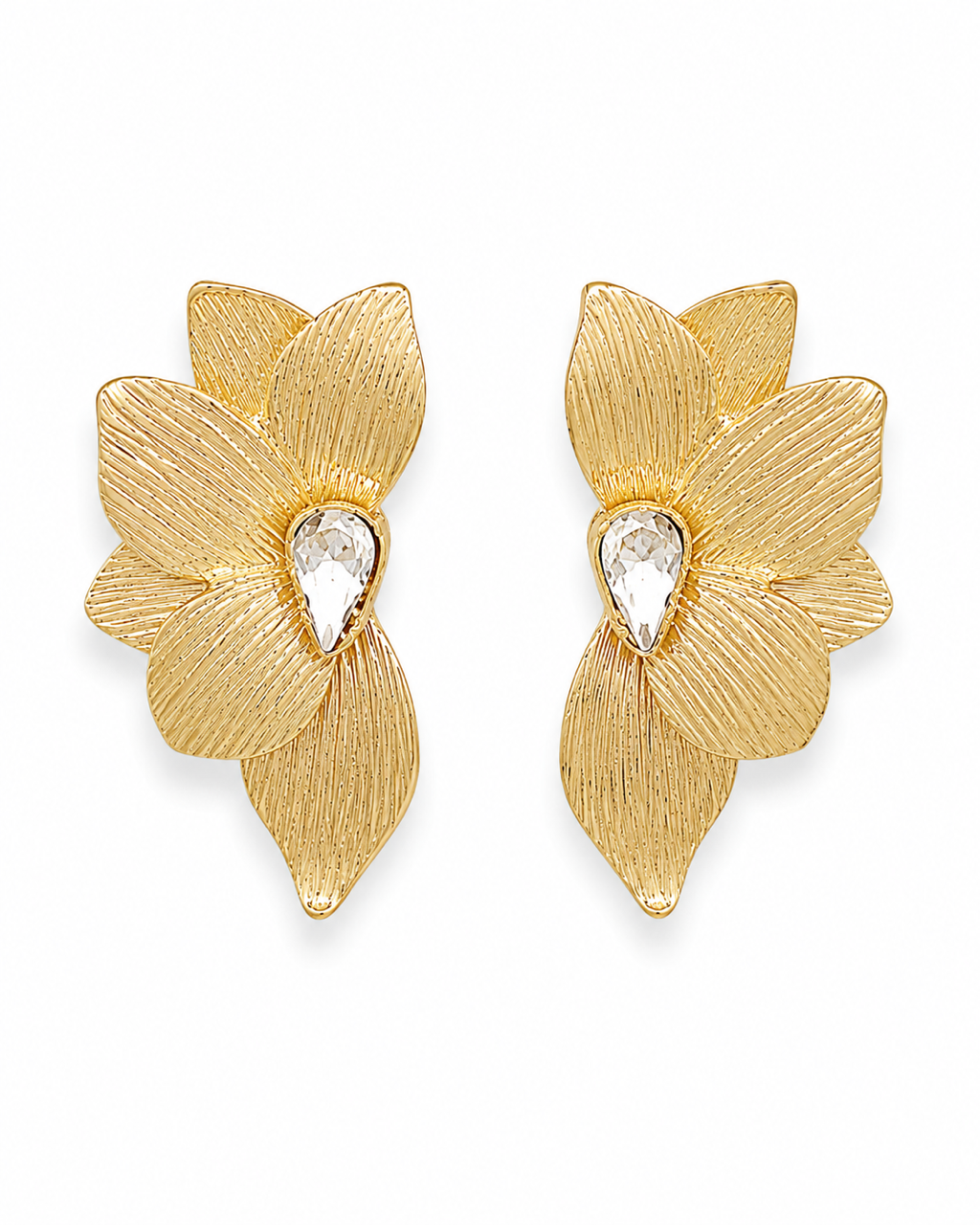 Golden Magnolia Studs gold flower earrings with textured gold petals and a crystal center on a white background.