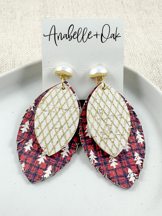 Pearl and gold Christmas tree earrings with layered plaid and gold leather, displayed on a white background.
