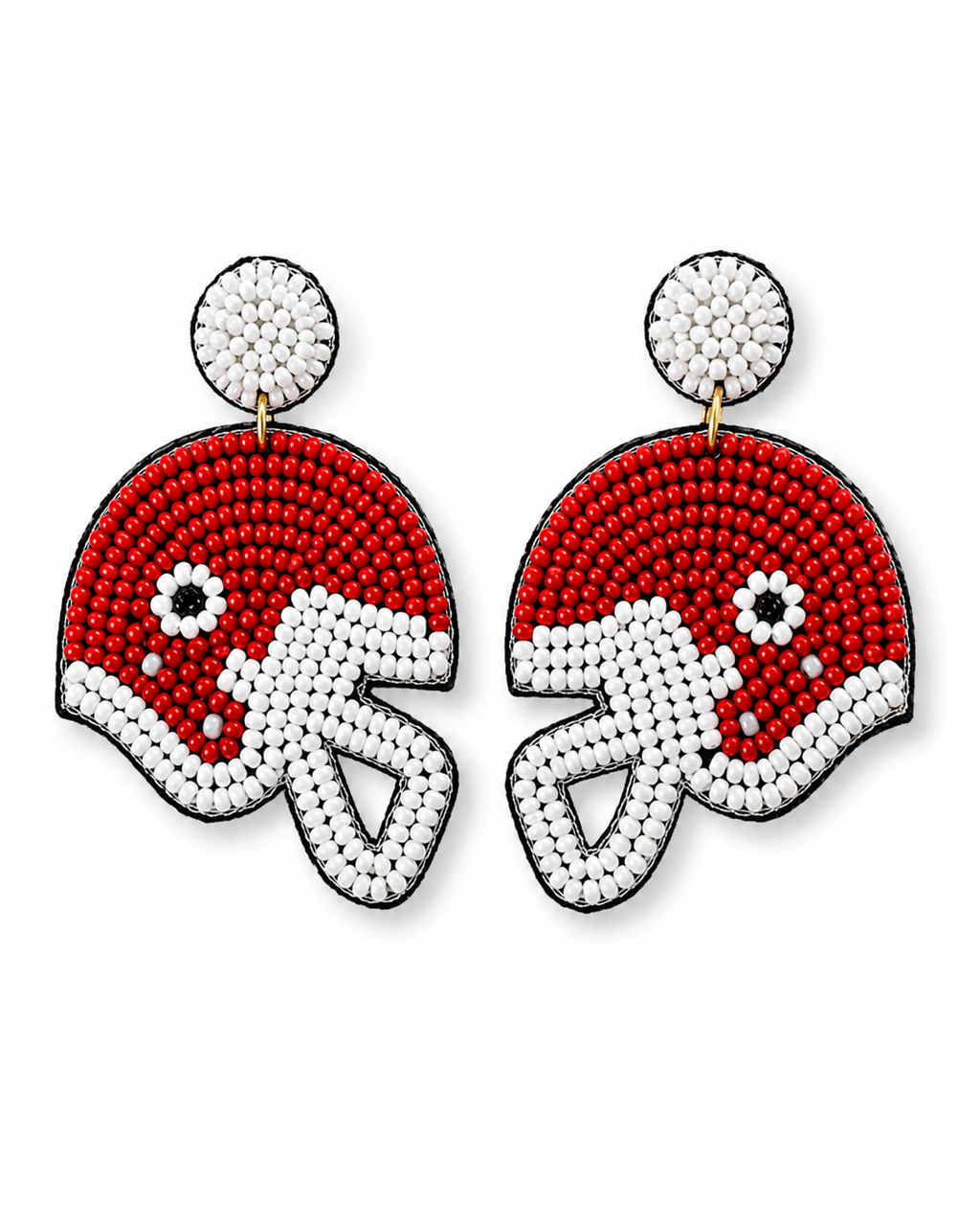 Red and white football helmet seed bead stud earrings with gold-tone connectors on a clean white background.