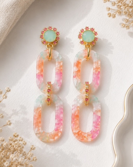 Hampton Drop Earrings featuring marbled pink and green acrylic links with mint and pink rhinestone accents.