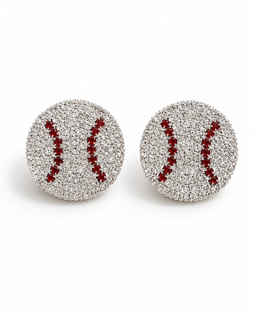 Home Run Luxe rhinestone baseball stud earrings with silver-tone hardware on white background