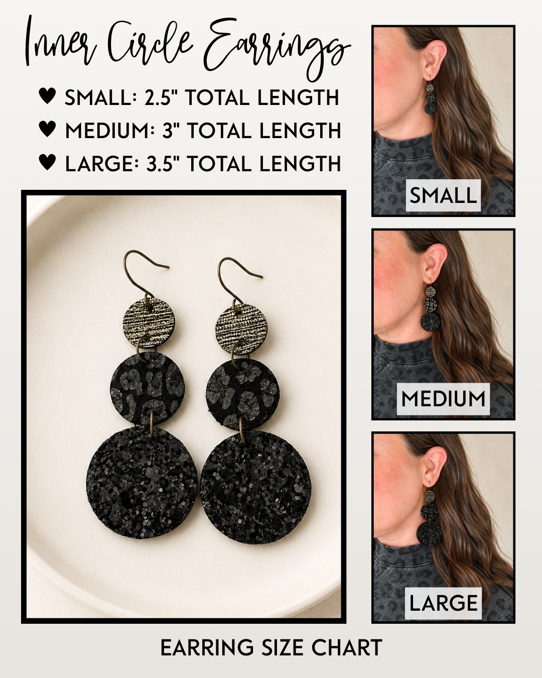 Inner Circle Earrings size guide showing small, medium, and large length options
