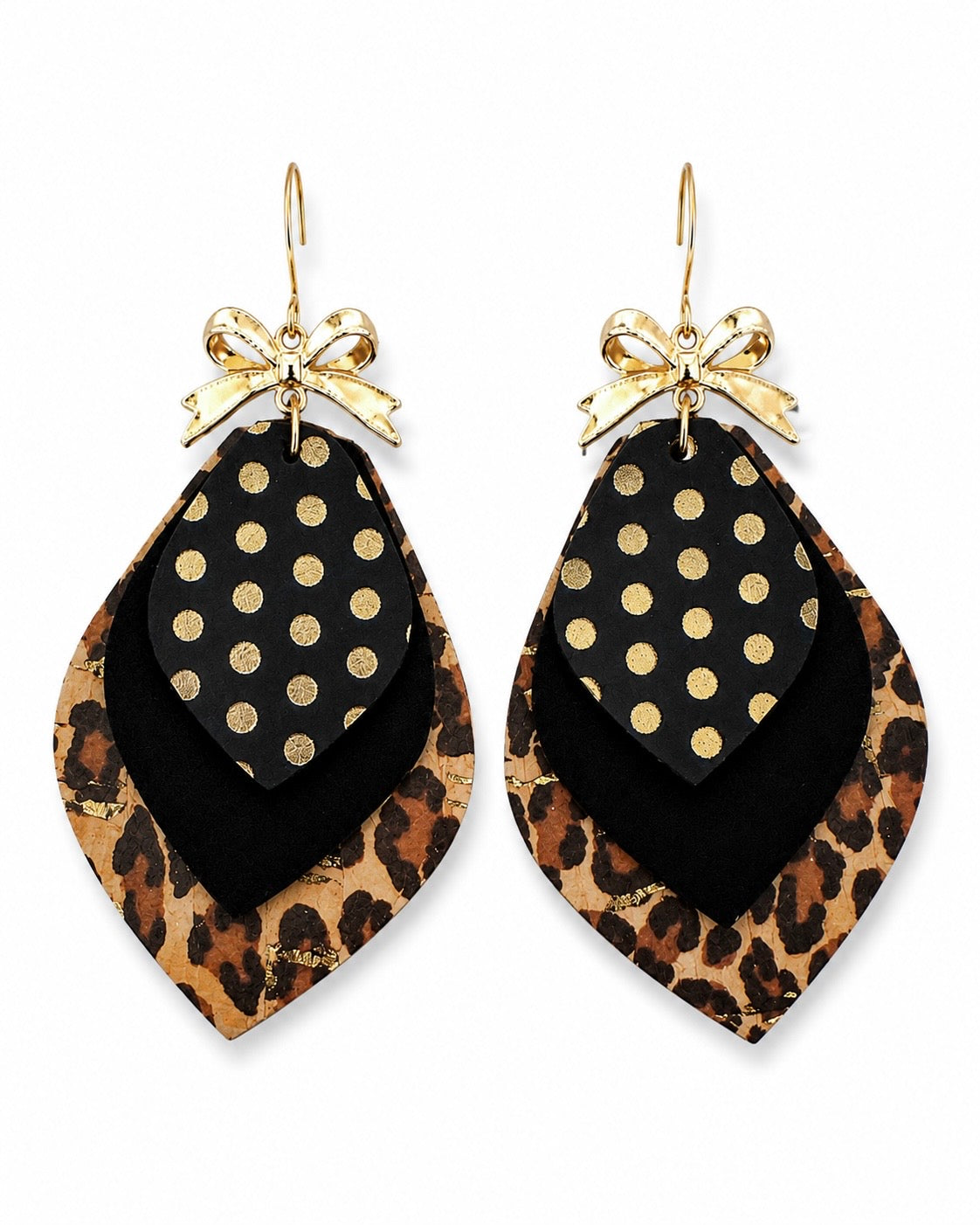 Black and leopard print leather and cork earrings with metallic gold polka dots and bow details