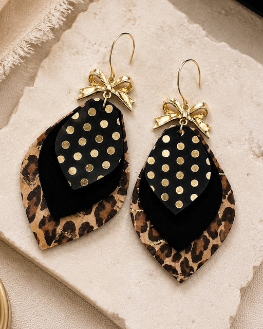 Leopard Glam Earrings handmade from leather and cork with black, leopard print and metallic gold details