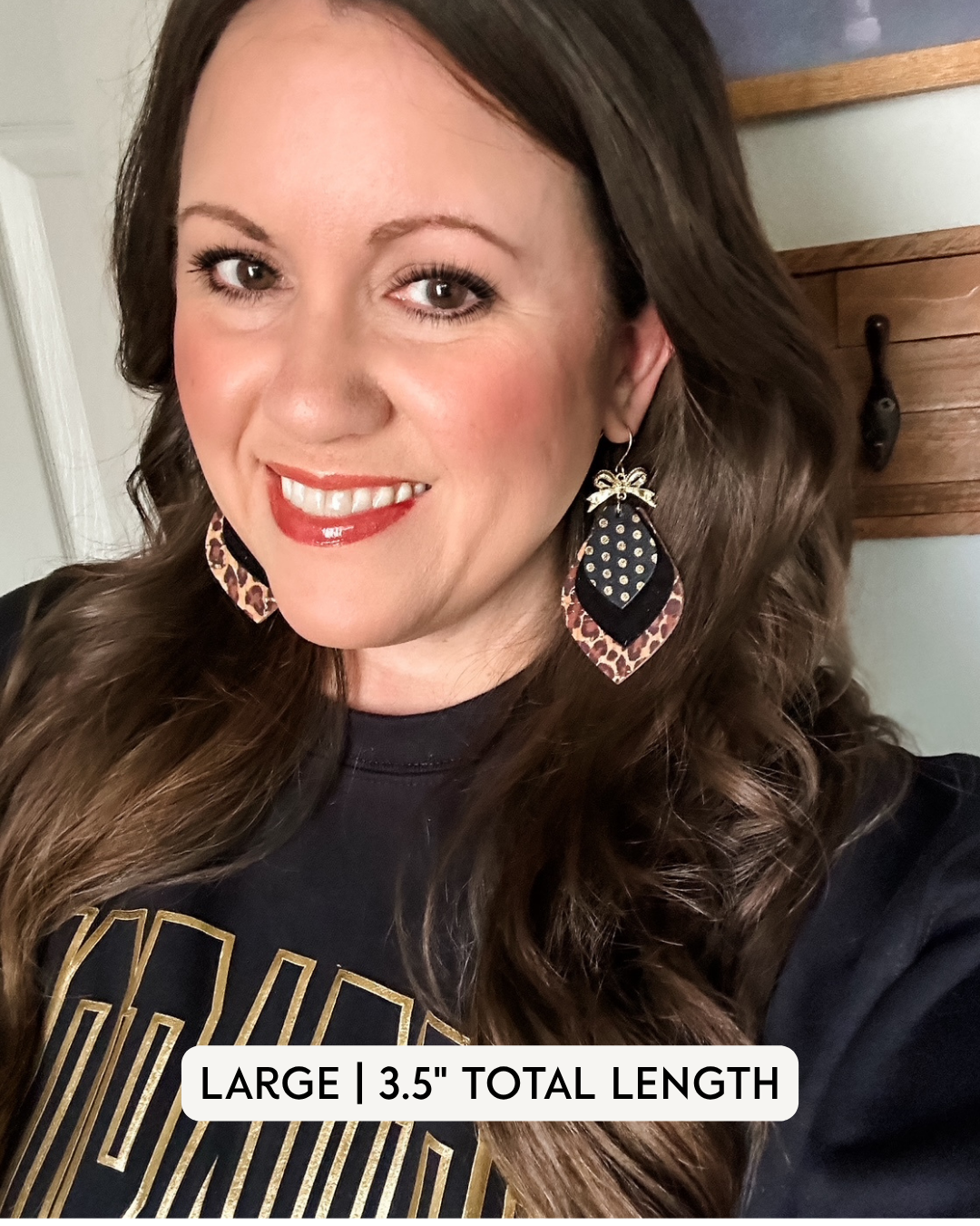 Large Leopard Glam Earrings in 3.5 inch length modeled to show scale and fit
