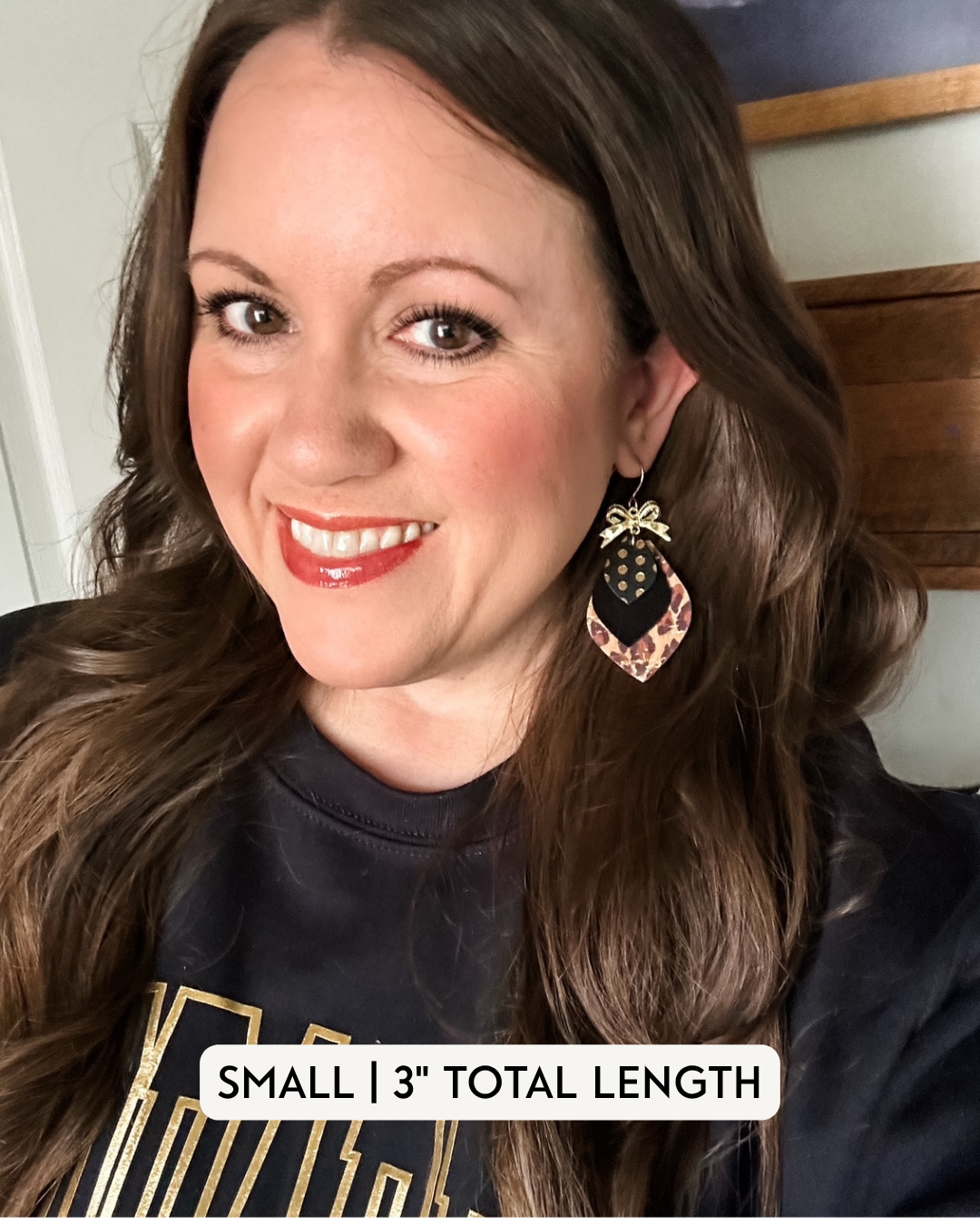 Small Leopard Glam Earrings in 3 inch length modeled to show scale and fit