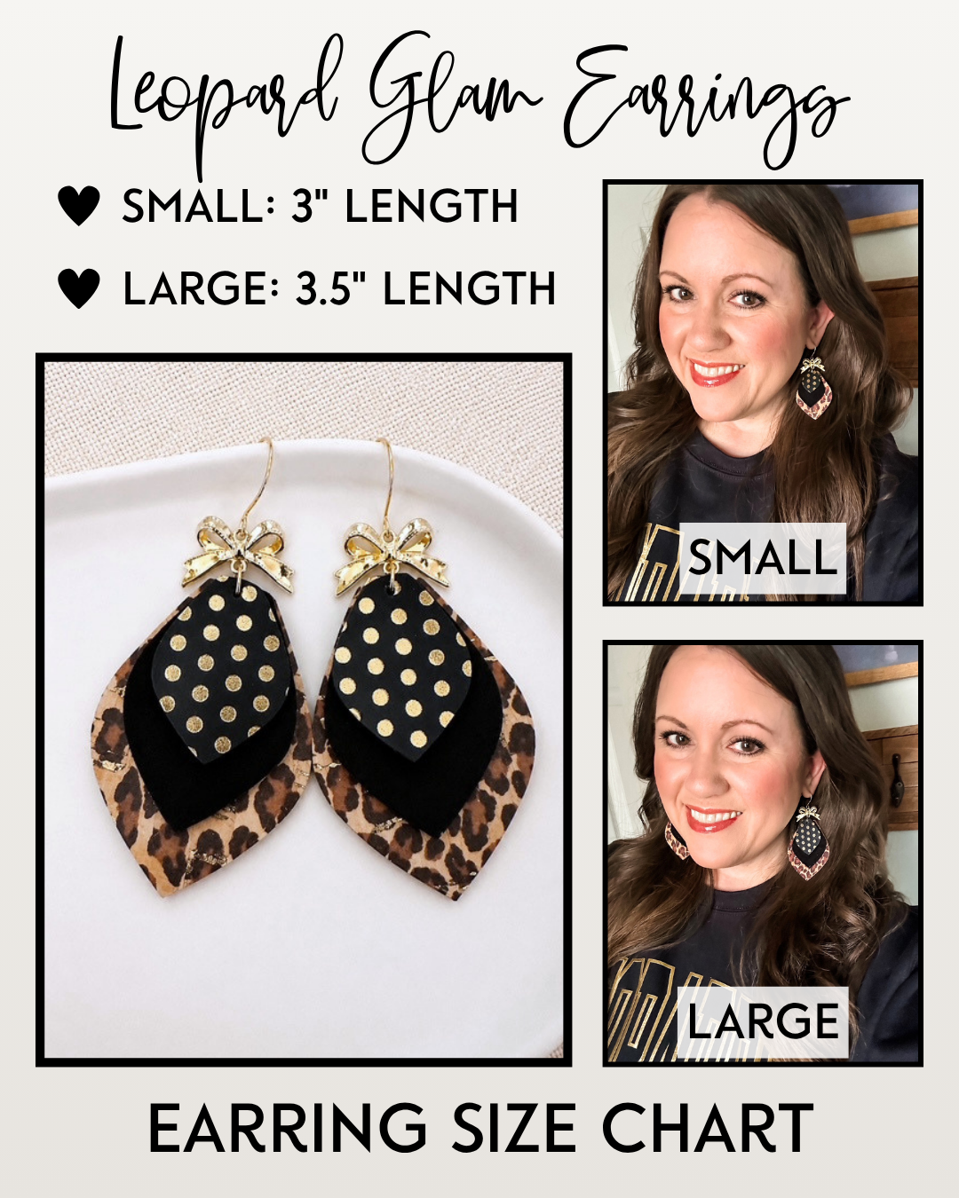 Leopard Glam Earrings size chart comparing 3 inch Small and 3.5 inch Large earrings