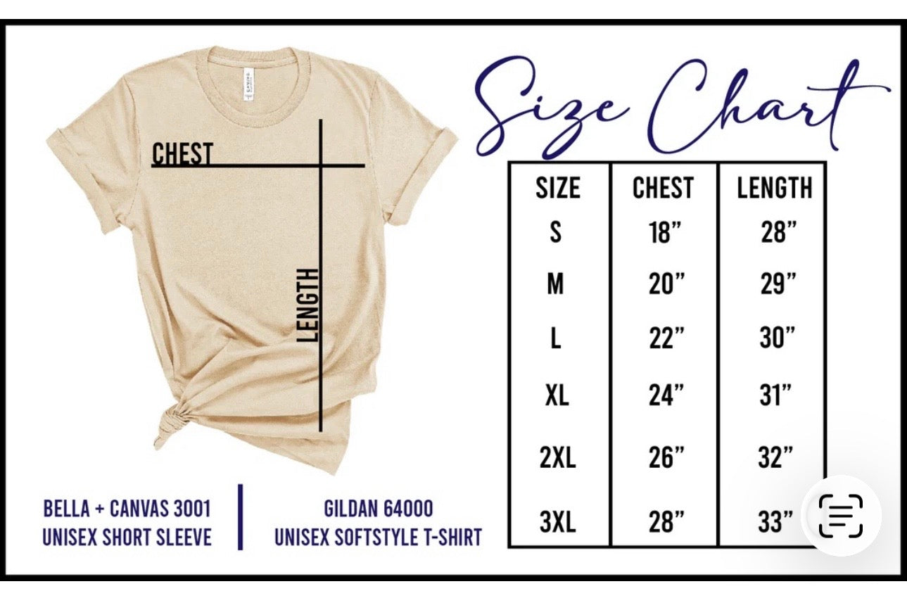 Beige t-shirt with size chart on a white background