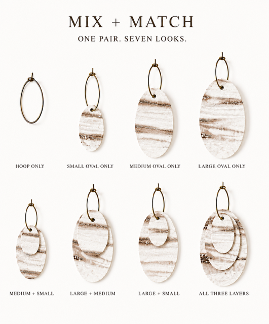 Linen Tide Mix + Match Earrings shown in seven different leather layer combinations, plus the antique brass-toned hoop alone.