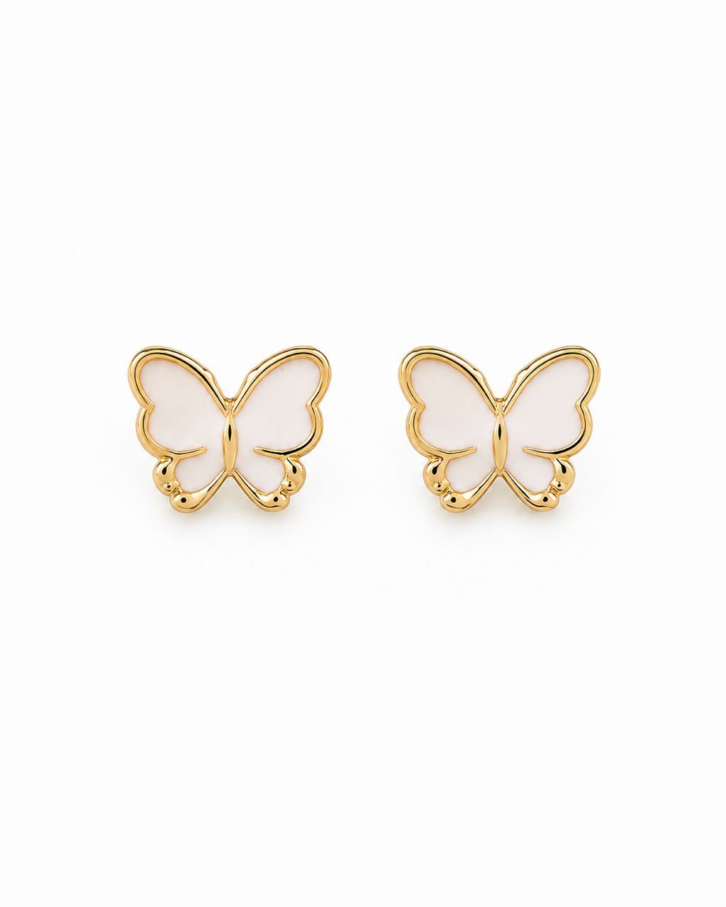 Front view of white and gold butterfly stud earrings on a clean white background.