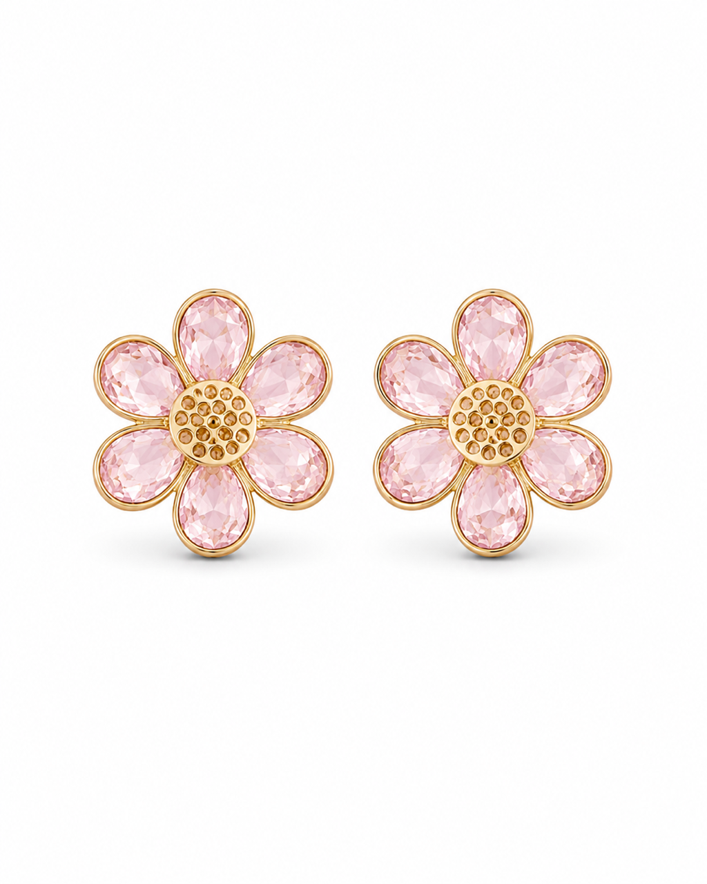 Morning Bloom pink flower stud earrings with faceted blush petals and gold-tone hardware on a white background