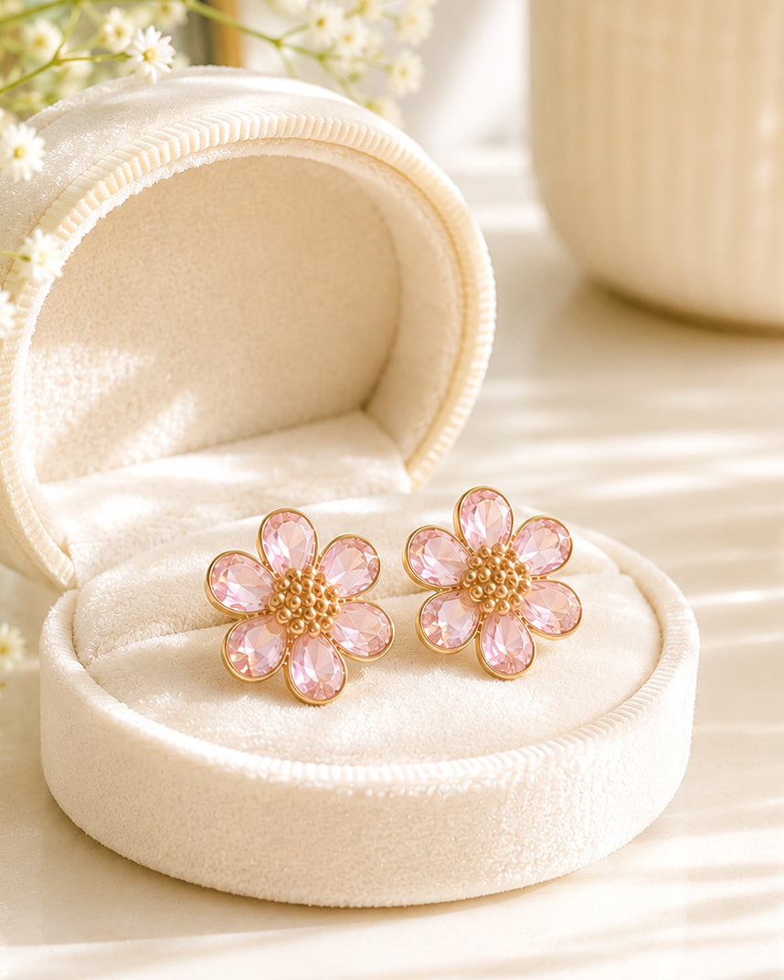 Morning Bloom pink flower stud earrings displayed inside a cream velvet jewelry box