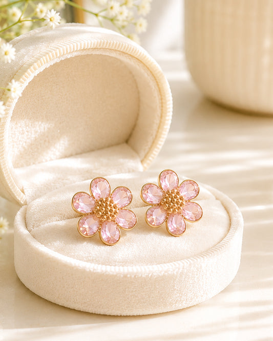 Morning Bloom pink flower stud earrings displayed inside a cream velvet jewelry box