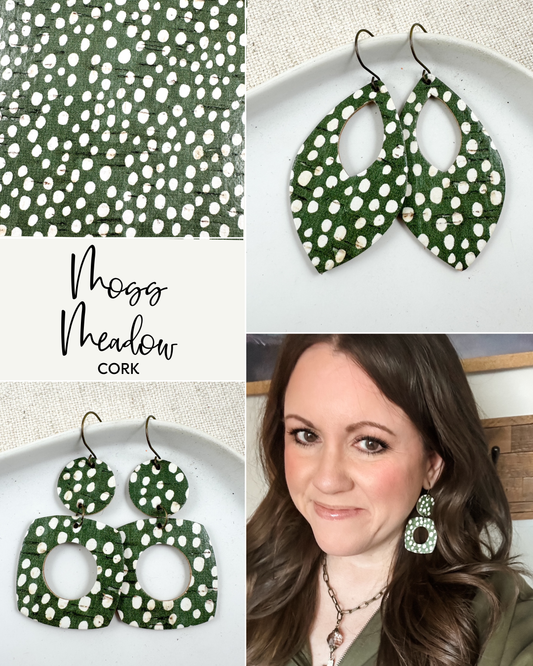 A four-part collage featuring Moss Meadow cork leather earrings: close-up of the green cork with white spots, teardrop earrings, a model wearing large statement earrings, and a round-square dangle style on a white dish.