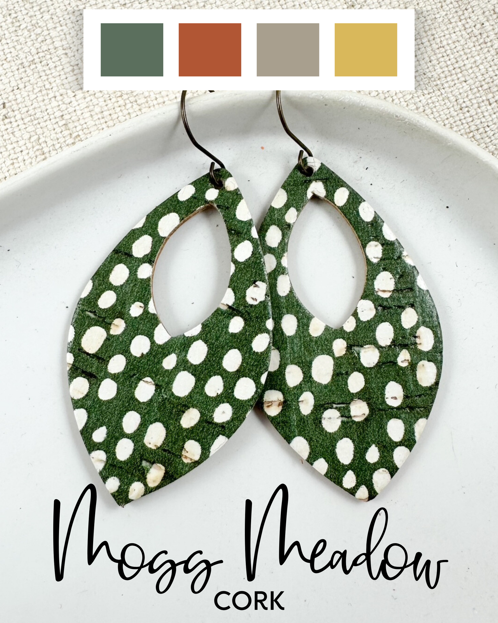 Moss Meadow leather earrings in a layered teardrop shape on a white plate, with a warm earthy color palette swatch bar at the top featuring moss green, rust, taupe, and mustard tones.