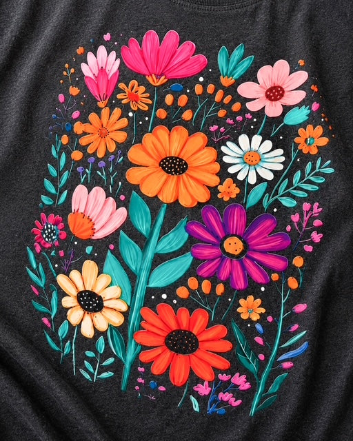 Close-up of the colorful painted floral graphic on the Painted Garden Tee, showing vibrant flower details on a dark heather gray shirt.