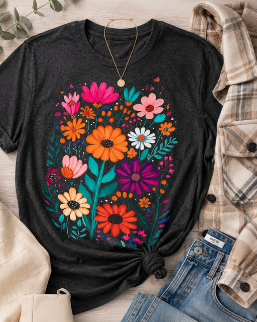 Painted Garden Tee styled with light wash jeans and a neutral plaid flannel for an easy late summer and fall outfit.