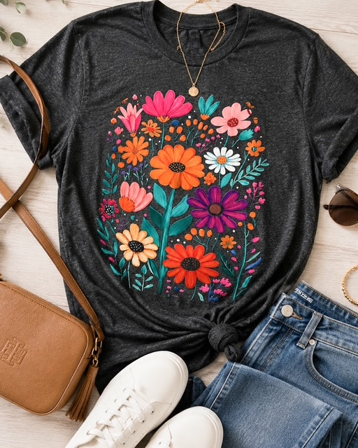 Painted Garden Tee styled with light wash jeans, white sneakers, a camel crossbody bag, and gold jewelry for an everyday casual outfit.