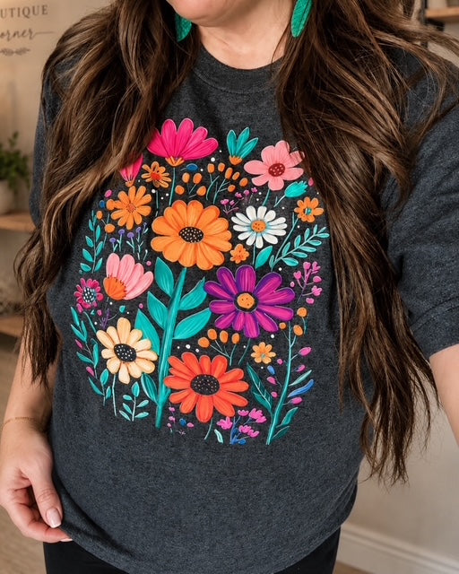 Woman wearing the Painted Garden Tee, a dark heather gray floral graphic tee with colorful painted flowers and a relaxed unisex fit.