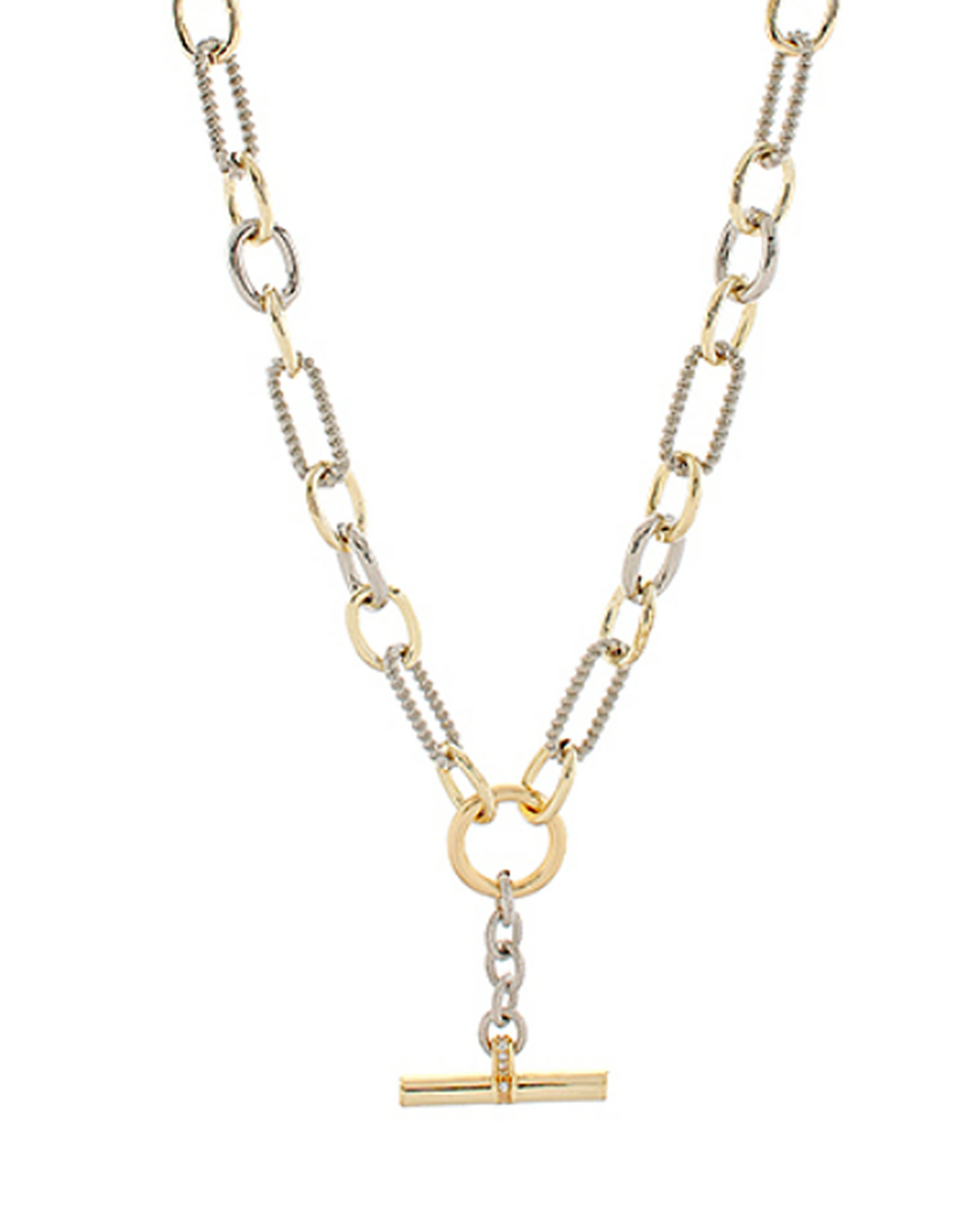 Plot Twist gold and silver mixed metal Y necklace with alternating links, center ring and T-bar pendant