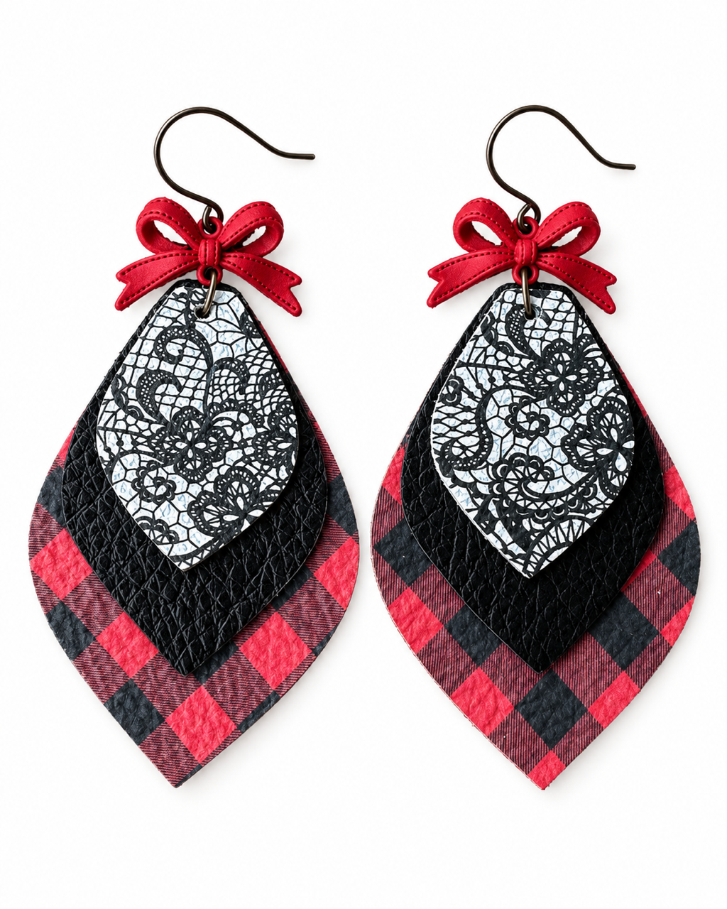 Pretty Little Rebel handmade statement earrings with red bows, black-and-white lace print, textured black leather, and red buffalo plaid layered drops.