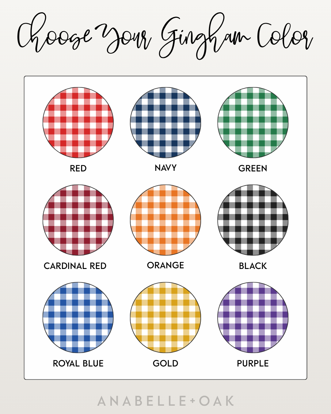 Gingham print color chart showing red, navy, green, cardinal red, orange, black, royal blue, gold, and purple options.