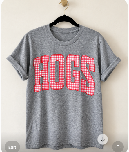 Heather gray tee hanging on a black velvet hanger with oversized HOGS lettering in red and white gingham.