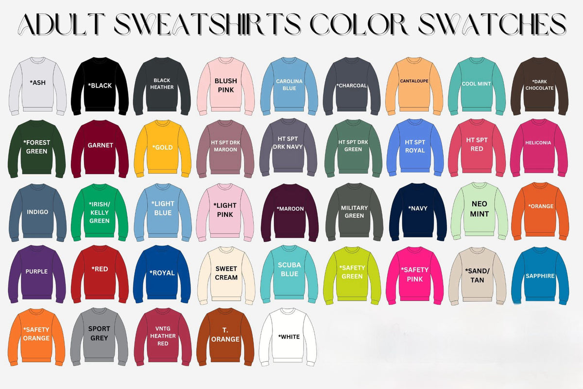 Gildan adult sweatshirt color chart showing available crewneck colors for the custom gingham sweatshirt.