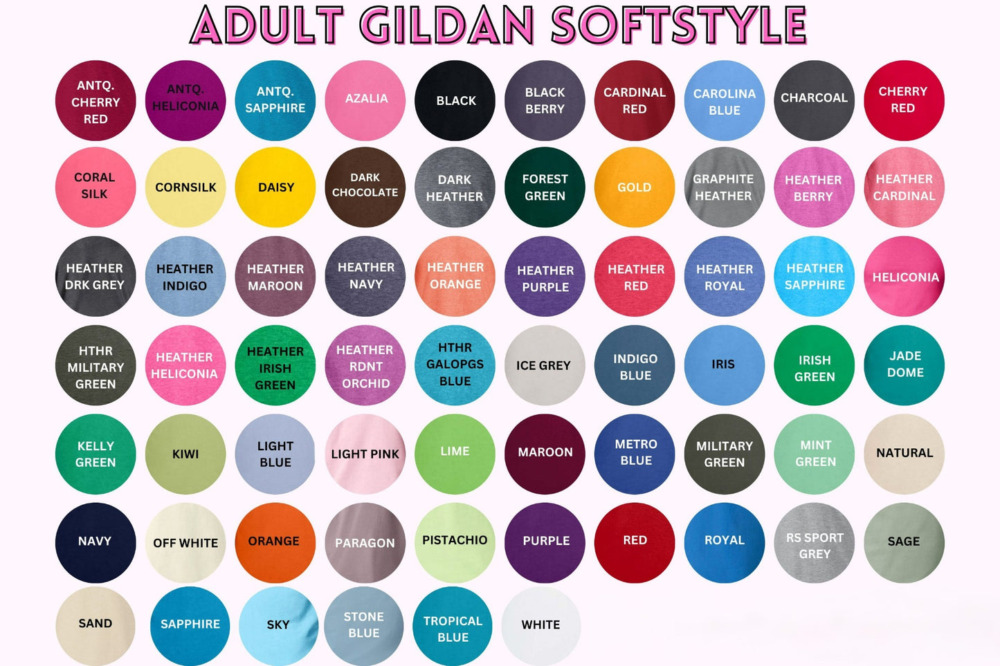 Gildan Softstyle adult tee color chart showing available shirt colors for the custom gingham graphic tee.