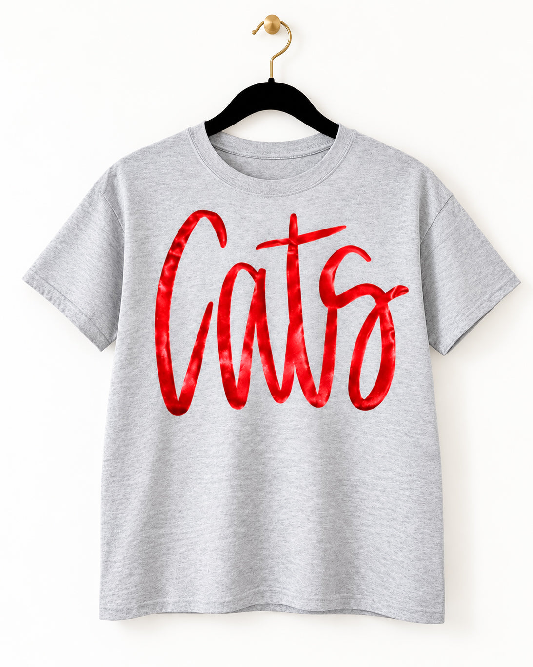 Sport gray Gildan SoftStyle tee with shiny red metallic Cats lettering on a black velvet hanger.