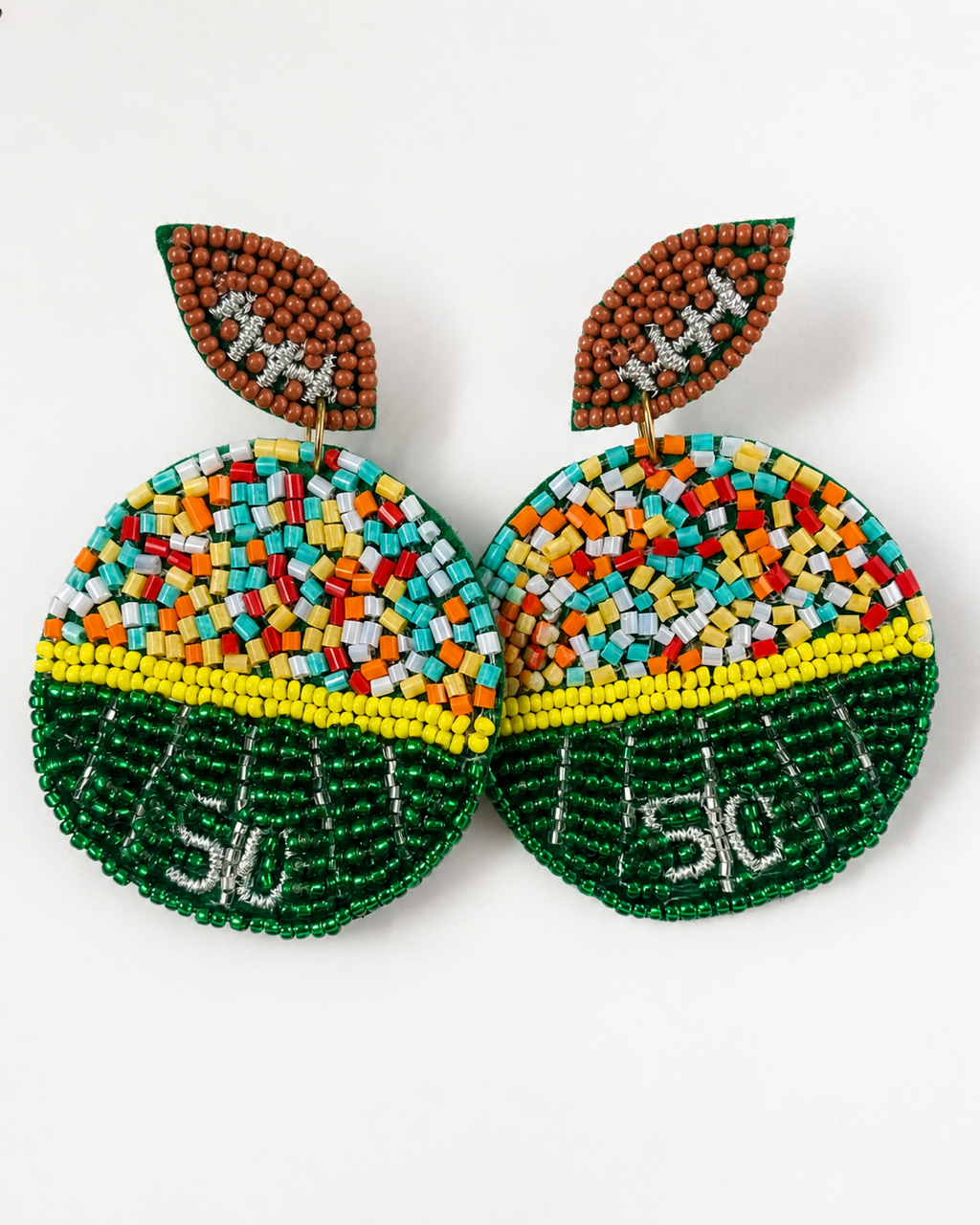 Front view of Sideline Spirit green football field seed bead statement earrings on a white background.