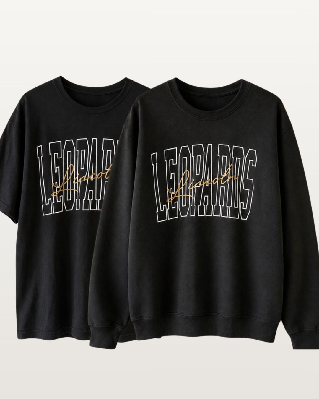 Black Lincoln Leopards graphic shirt shown in both short-sleeve tee and crewneck sweatshirt styles with white outlined varsity lettering and gold script.