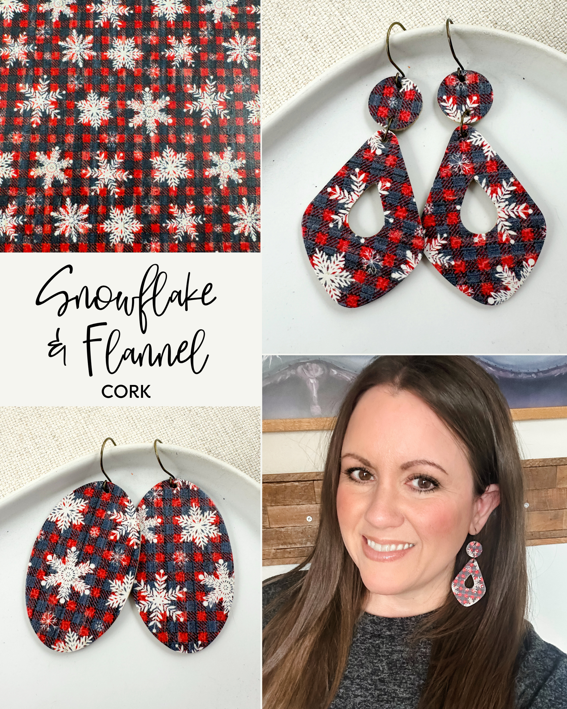 Collage with Snowflake & Flannel Cork earrings in different shapes, a close-up of the pattern, and a model wearing the earrings.