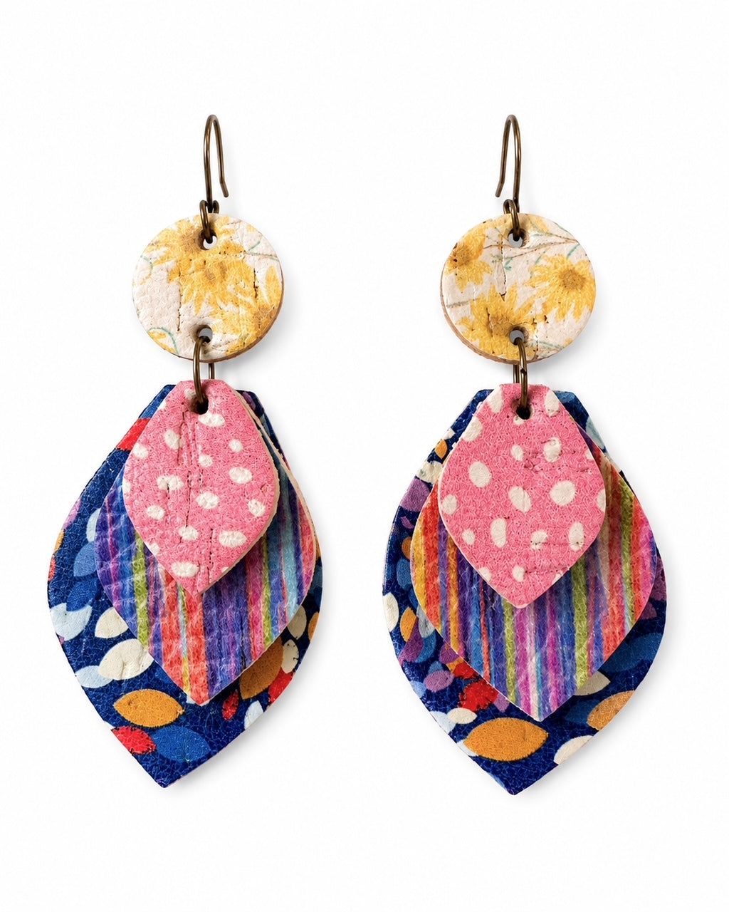 Something Good handmade leather and cork earrings with layered navy floral, multicolor stripe, pink and yellow floral patterns