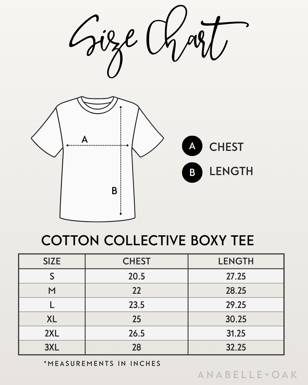 Cotton Collective Boxy Tee size chart showing chest and length measurements in inches for sizes S–3XL.