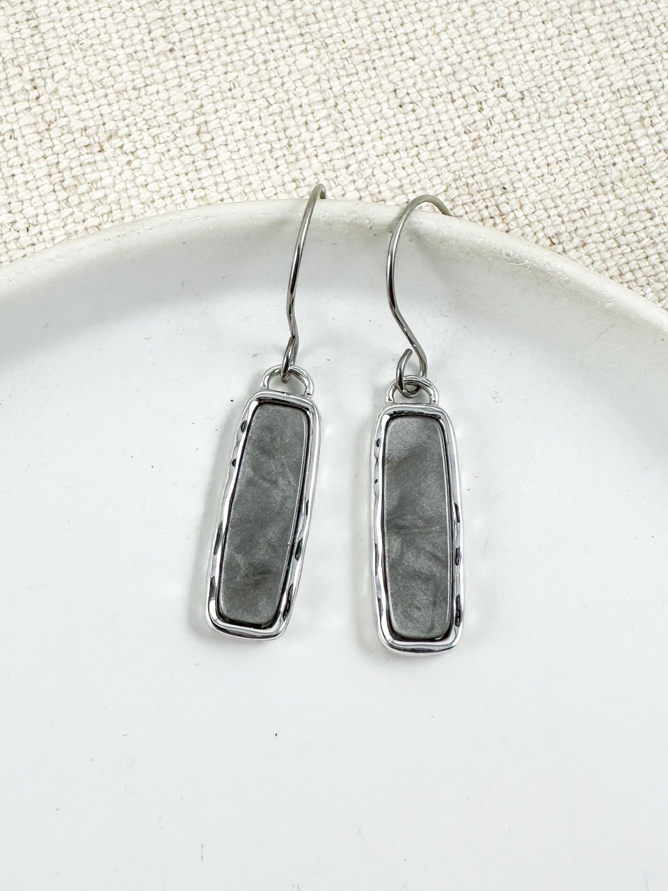 Small silver bar drop earrings with mineral gray center, lightweight dangle earrings for work and everyday wear
