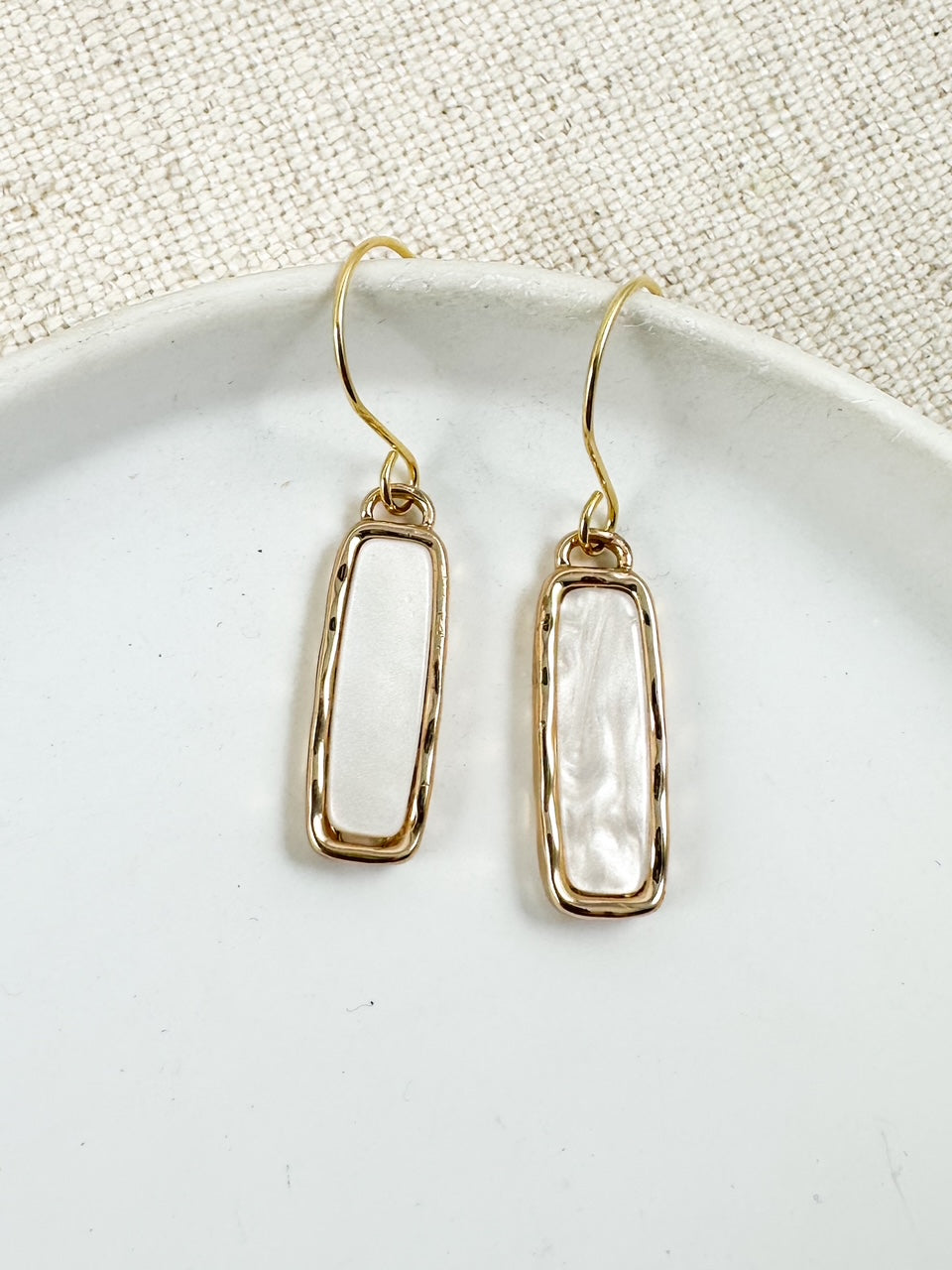 Small gold bar drop earrings with mother-of-pearl center, lightweight dangle earrings for weddings and special occasions