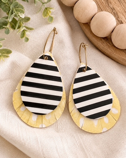egacy Stripe Earrings with stacked striped and yellow polka-dot leather layers