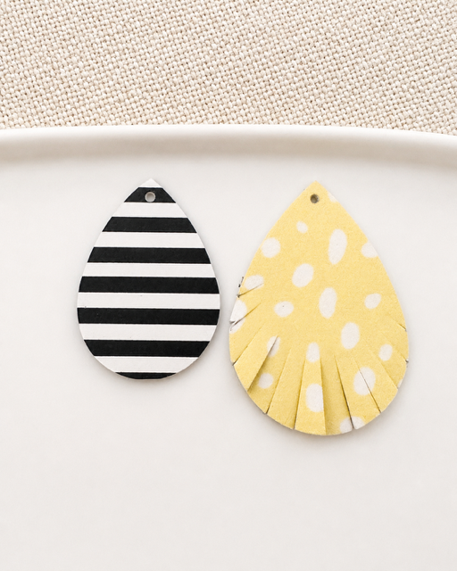 Black-and-white striped and yellow polka-dot removable leather earring layers