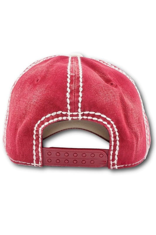 Back view of cardinal red washed baseball cap with ivory contrast stitching and adjustable snapback closure.