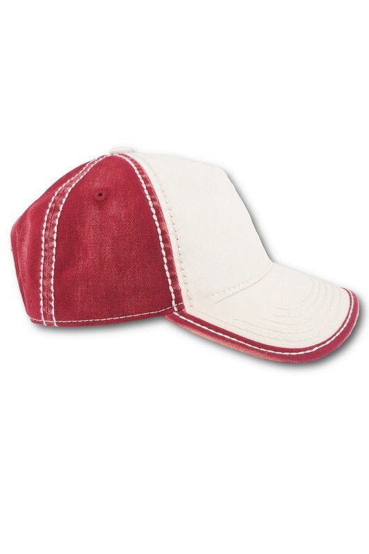 Side view of cardinal red and ivory two tone washed baseball cap with contrast stitching.