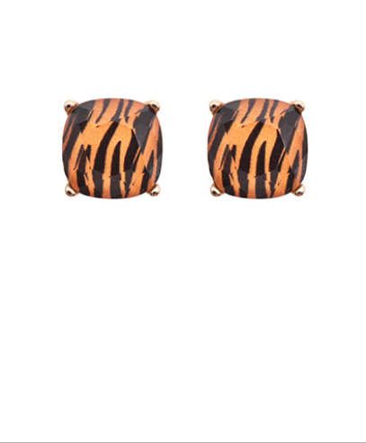 Tiger Trail tiger print stud earrings with faceted cushion-cut stones and gold-tone settings on a white background.