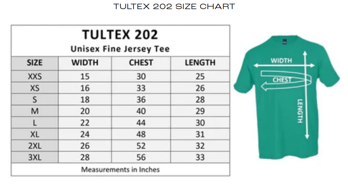 Tultex 202 unisex t shirt size chart showing width chest and length measurements in inches