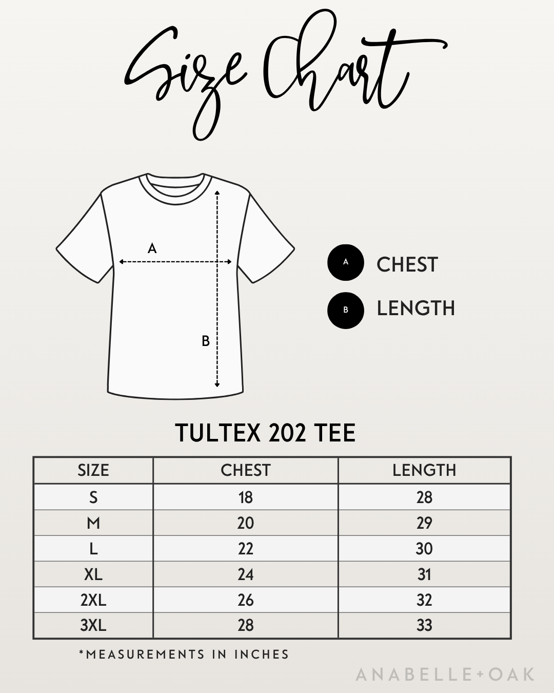Size chart for the Tultex 202 unisex Painted Garden Tee showing chest and length measurements for sizes Small through 3XL.