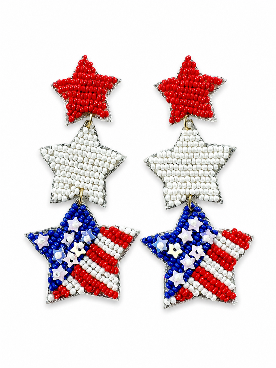 Under the Stars patriotic seed bead earrings featuring red white and blue stars on white background