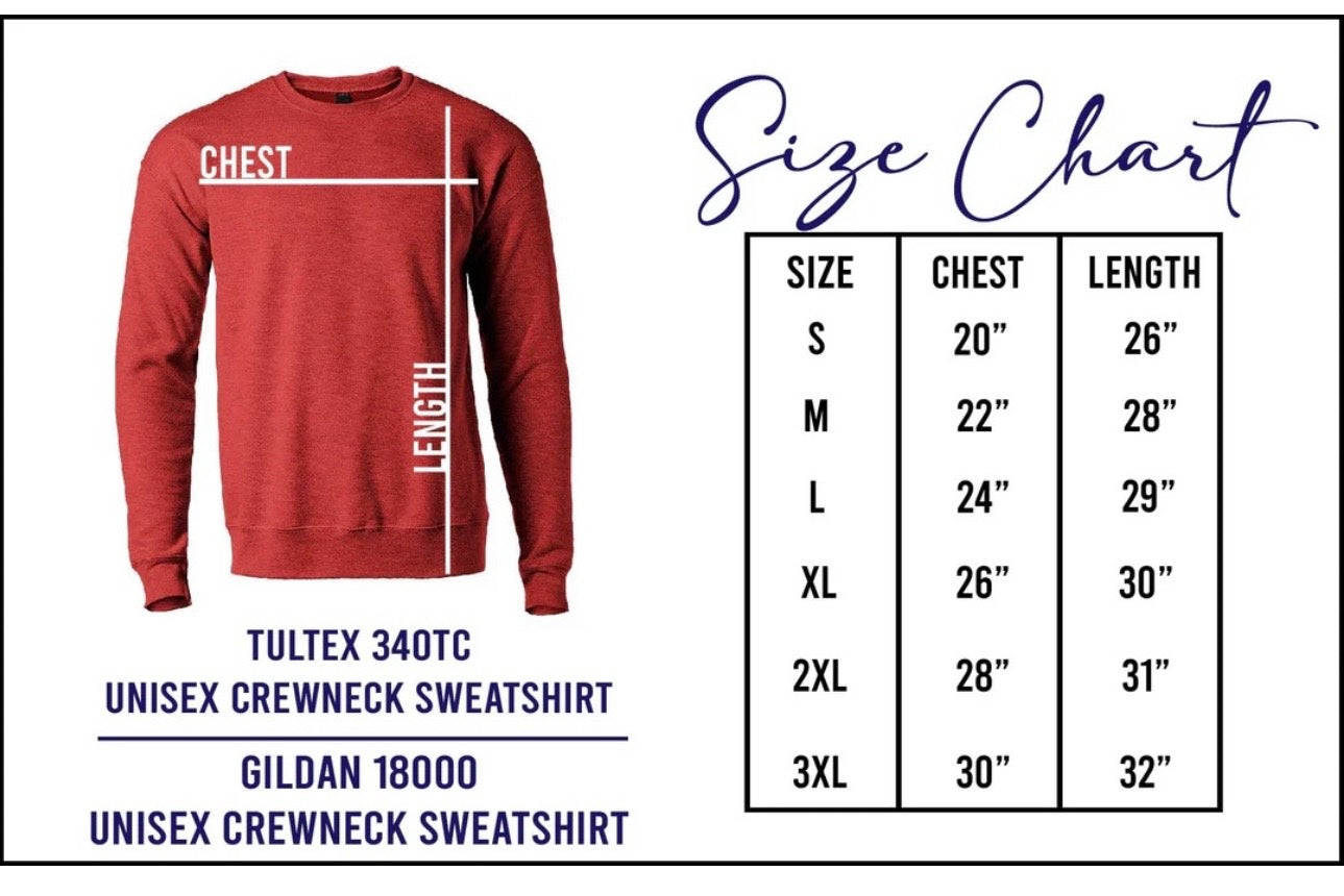 Unisex crewneck sweatshirt size chart for Tultex 340TC and Gildan 18000 showing chest and length measurements from S to 3XL.