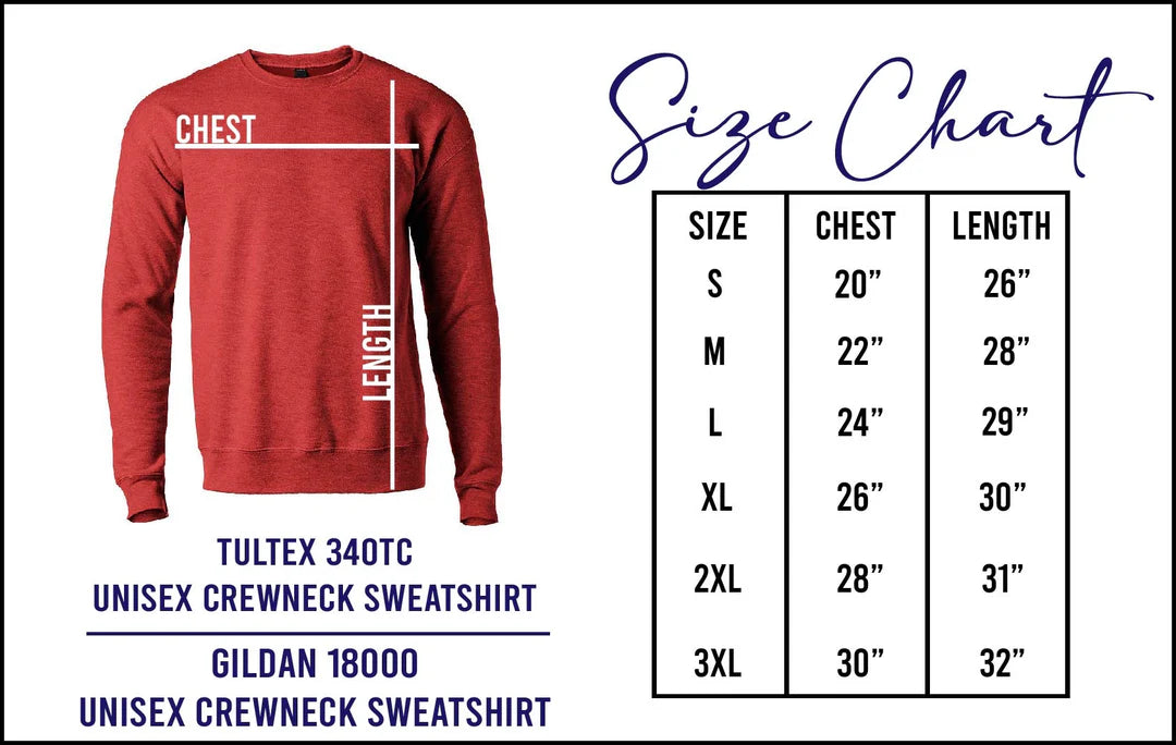 Unisex crewneck sweatshirt size chart showing chest and length measurements from size small through 3XL