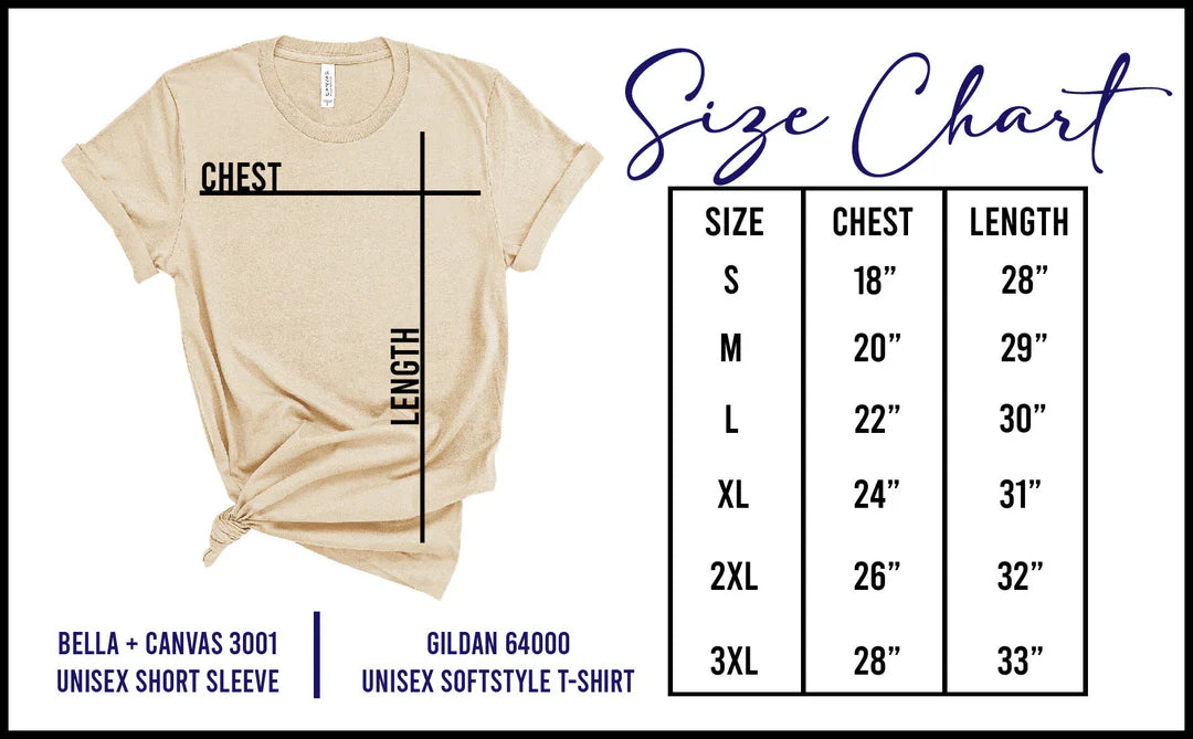 Unisex short sleeve t shirt size chart showing chest and length measurements from size small through 3XL